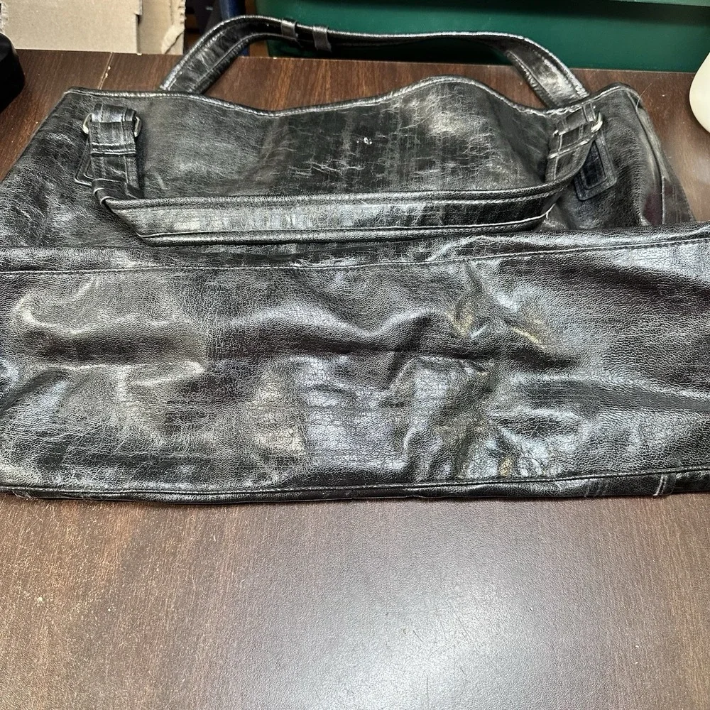 Y2K Black Faux Leather Tote Bag Large Slouchy Shoulder Purse Distressed 2009